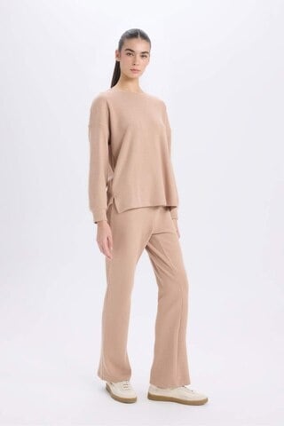 DeFacto Fall in Love Pijama Takımı Regular Fit Basic Düz Uzun Kollu Üst Geniş Bol Paça Alt D2259AX24WNBG400 Bej