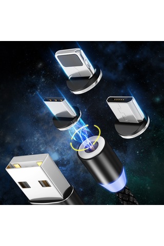 Skycity 2m Altın Usb 3'lü Şarj Kablosu, Manyetik Bağlantı, Led Işık, Mikro Usb/type-c/lightning Uyumlu, Nylon Kablo, Sık Tak-çık Olmaksızın