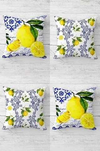 Pelangi Limon Ve Limon Çiçekleri Desenli Gizli Fermuarlı Kırlent Kılıfı Koltuk Yastık Kılıfı Takım 4adet , S Diğer