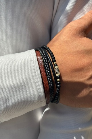 Taşlı Örgülü El İşçiliği İle Üretilmiş Hakiki Deri Erkek Bileklik Siyah - Altın