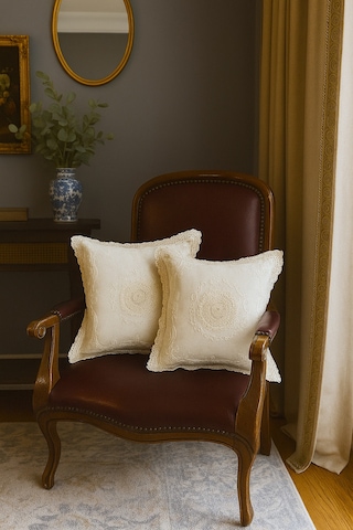 2 Adet Buldan İşi Dokuma Kırlent Kılıfı %100 Pamuklu Güpürlü Dantelli 43x43 Ü