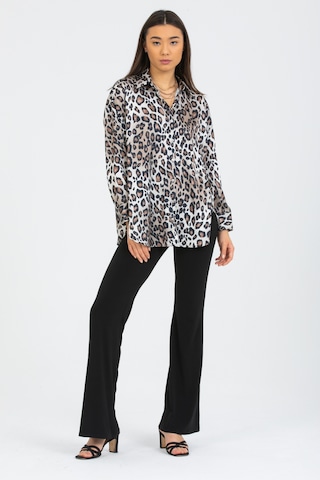Pera Moda Leopar Desenli Salaş Oversize Saten Gömlek Bej