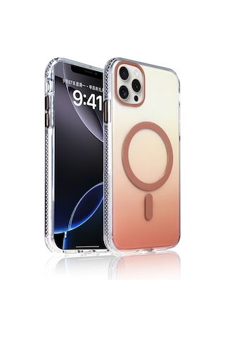 Nourthkiingdom Apple Uyumlu iPhone 15 Pro Max Kılıf M-safe Şarj Özellikli Transparan Renk Geçişli Nrtk Toros Kapak - Rose Gold Altın