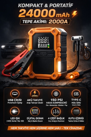 Merwish 24000 Mah Akü Takviye Cihazı 2000a Tepe Akımı Hava Kompresörü 150 Psı Powerbank Led Işık Type-c Şarj Dijital Ekran Eh03