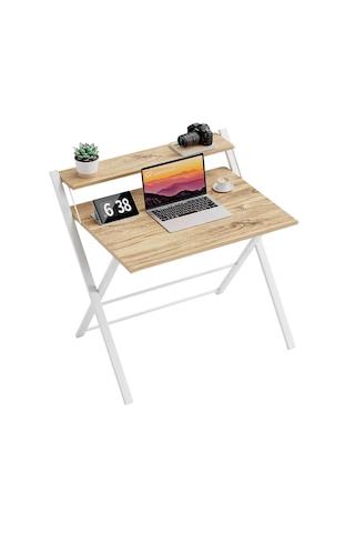 Bodo Metal Ayaklı Laptop Masası Katlanır Çalışma Masası Raflı Masa Katlanır Laptop Sehpası Beyaz - Çam