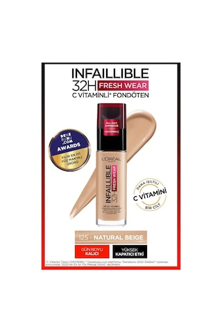 L'Oreal Paris Infaillible 32H Fresh Wear C Vitaminli Fondöten 125 Natural Beige + Mini Paradise Maskara 4.7 ML