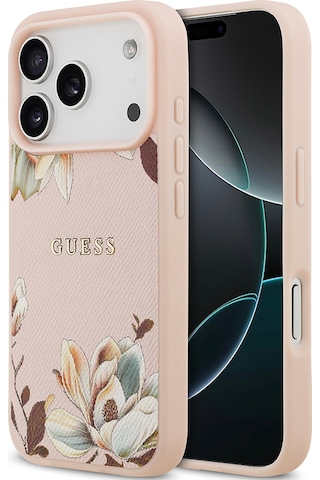 Apple Uyumlu iPhone 17 Pro Kılıf Guess Lisanslı M-safeli Taneli Çiçek Tasarımlı Metal Yazı Logolu Pembe Pembe