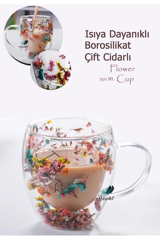 Isıya Dayanıklı Borosilikat Çift Çidarlı Çiçekli Bardak Çiçekli Kahve Sunum Bardağı 250 Ml