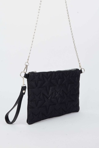 Vivaq Kadın Siyah Simli Yıldız Nakışlı Suni Deri Bilek Ve Zincir Askılı Portföy El Ve Clutch Çanta
