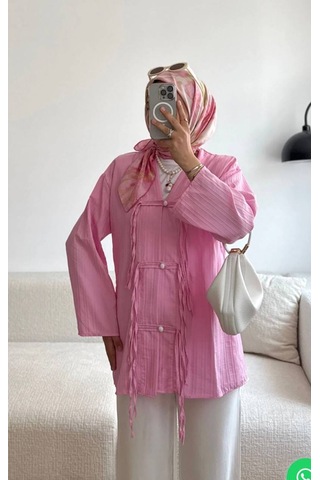 By Nursel Çiçek Kadın Premium Kruvaze Yaka Dügme Detaylı Tunik-kimono Pembe