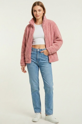 Kadın Peluş Tam Fermuarlı Cepli Sherpa Kuzu Kumaş Oversize Peluş Polar Sweatshirt Pembe