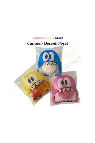 100 Adet Pembe-sarı-mavi Renkli Canavar Desenli Cake Pop & Kurabiye Poşeti-10x15 Cm
