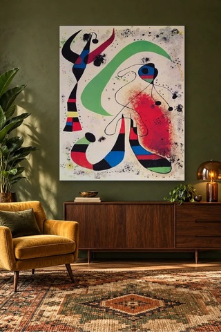 Fida Miro Yeşil Hilal Ve Kırmızı Lekeli Gece Canvas Tablo Çok Renkli