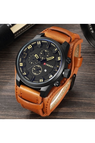 Suofeng Curren 8225 Erkek Spor Kol Saati Büyük Kasa Beyaz Ekran Kahverengi Deri Kemer-iç/ Dış Mekanlar İçin Dayanıklı Tasarım Siyah