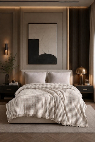Çift Kişilik Pike Kazayağı Desenli Dekoratif Yatak Örtüsü 200x220 Cm Bej