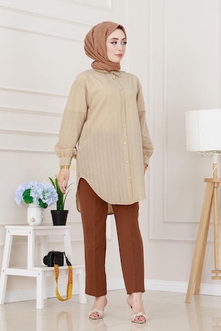 Sevitli Göğüsü Taş Detaylı Oversize Tunik-bej-5226 Bej