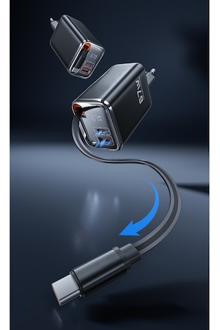 67w Gan Lcd Göstergeli Hızlı Şarj Adaptörü Dahili Type-c Kablo 1xusb Pd 1xtype-c