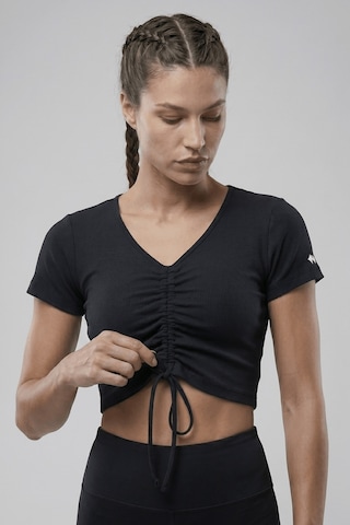 Woneagle Lacivert V Yaka İp Büzgülü Crop Basic Tişört Lacivert Lacivert