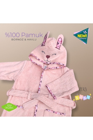 Bebek Bornoz Kapişonlu & Bebek Havlu Set %100 Organic Pamuk Yumuşacık Nakış Desenli 2 - 4 Yaş