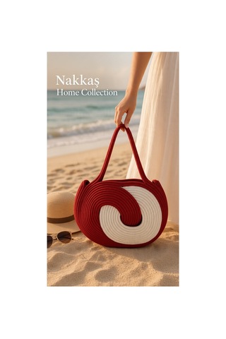 Nakkaş Home Collection Jüt Çanta Kadın Hasır Çanta, Plaj Çantası, Omuz Ve Günlük Kullanım Çantası-bordo-beyaz 40x28 Cm