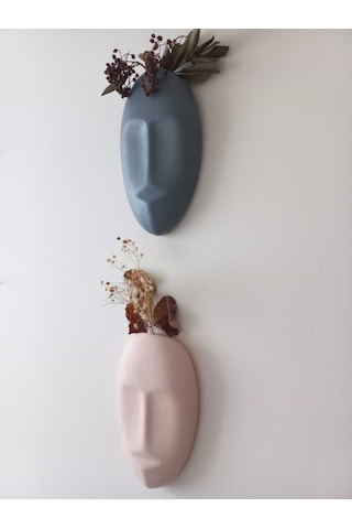 Dekoratif 2'li Yüz Duvar Vazosu, Duvar Süsü ,heykel Aksesuar Gri Bej