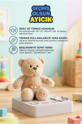 Türkçe Konuşan Etkileşimli Geçmiş Olsun Uf-uf Ayıcığı Hastayı İyileştirme Oyunu Peluş Ayı 40 Cm Çok Renkli