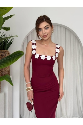 Dogutrend Mıng Çiçek Detaylı Elbise Bordo