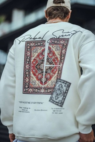 Vinevesta Erkek 3 İplik Pamuklu Bisiklet Yaka Baskılı Sweatshirt - Beyaz Çok Renkli