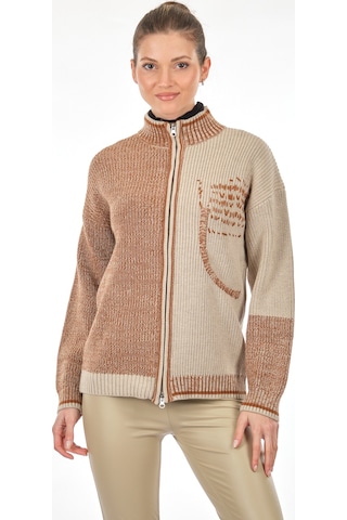 Unique Mode Dik Yaka Yazılı Uzun Kollu Karamel Kadın Hırka UW2310 Karamel