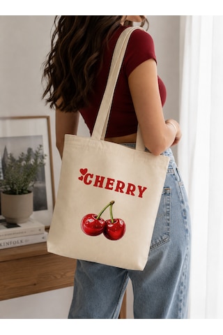 Lunora Collection Cherry Kiraz Baskılı Bez Çanta Açık Krem