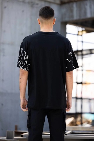 Moda Assema Erkek Yıldırım Şimşek Baskılı T-shirt Kısa Kol Bisiklet Yaka Tişört - Siyah