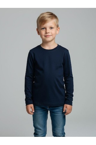 Zekids Erkek Çocuk Pamuklu Uzun Kol Basic T-shirt-16713 Lacivert