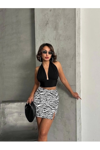 Tek Yırtmaçlı Zebra Desenli Deri Etek Beyazsiyah W24475-s Beyaz