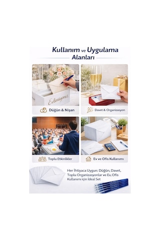100 Lü Düğün Zarfı Seti + 5 Adet Mavi Tükenmez Kalem Düğün Zarfı Paketi