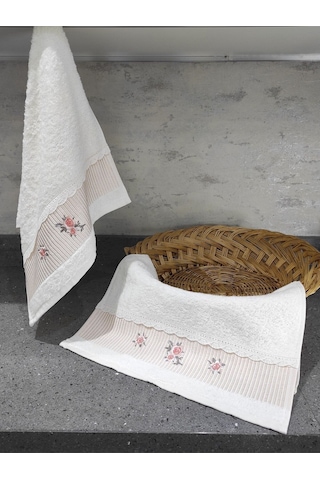 %100 Pamuk & Nakışlı Havlu Takımı - 2'li Dantelli Havlu Seti - 40x60 Cm Somon Somon