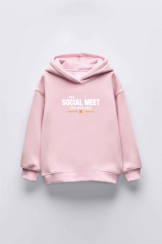 Kız Çocuk Socıal Meet Baskılı Kapüşonlu Manşetli Sweatshirt Pembe