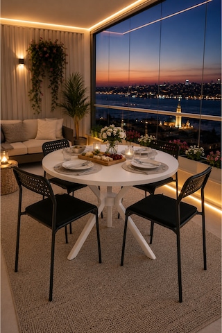 Beyaz 4 Kişilik Minderli Balkon Takımı, Balkon Masası, Balkon Sandalyesi, Yuvarlak Masa, Yemek Masası, Mutfak Masa Sandalye Takımı, 4 Sandalye 1 Ma Beyaz/beyaz-siyah