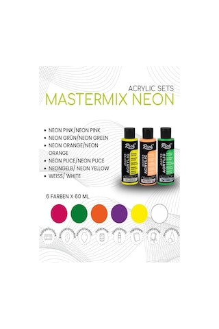 Rich Mastermix Akrilik Boya 6 Renk 60 Ml 1 Paket Neon Renkler Akrilik Boya 6 Lı Profesyonel Tuval Canvas Çok Renkli
