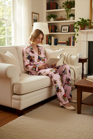 Benerly Kadın Gömlek Yaka Uzun Kol Kaplan Baskılı Pijama Takımı Regular K Pembe