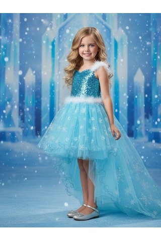 Zekids Kız Çocuk Önü Kısa Arkası Uzun Frozen Abiye Elbise-17118 Mavi