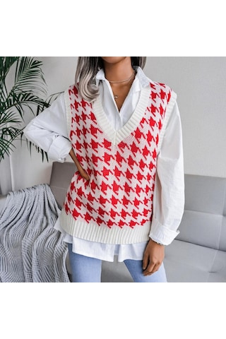 Kazak Yelek Kadın V Boyun Örme Yelek Streetwear Sonbahar Kış Vintage Giyim Rahat Gevşek Kolsuz Kazak Kırmızı