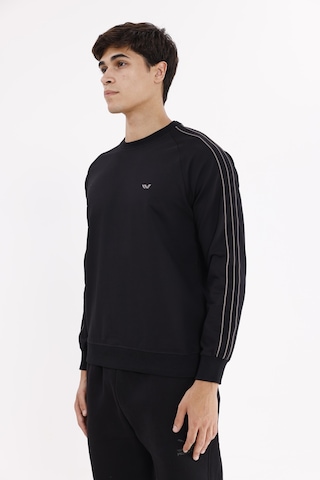 Rowinger Çift Şeritli Raglan Kol Minimal Logolu Bisiklet Yaka Sweatshirt Black