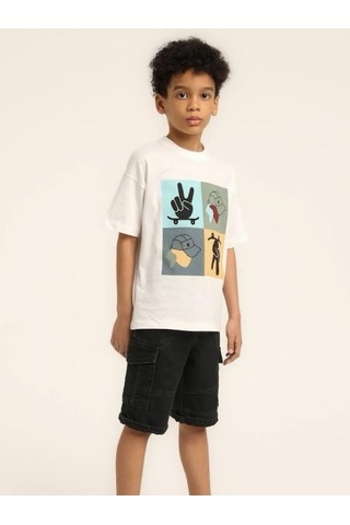 Escabel Erkek Çocuk Şapka Desenli Tasarım Pamuklu T-shirt-15627 Beyaz