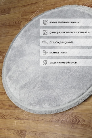 Comfort Oval Overloklu Peluş Halı Gri Gri Düz Saçaklı Daire
