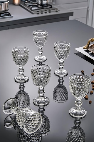 6 Lı Elmas Kesim Desenli Ayaklı Cam Kahve Yanı Bardak Seti Şık Sofra Sunumu Ve Zarif Tasarım Şeffaf