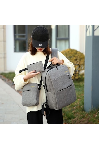 Wezone Erkek İş Çanta Seti - Moda & Konforlu, Büyük Kapasiteli Sırt Çantası + 2 Ek Aksesuar, Gri Renk, 45x15x28 Cm, Logo Özel Yapımı Gri
