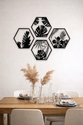 Hexaleaf Tropikal Yaprak Desenli Altıgen Ahşap Duvar Dekoru