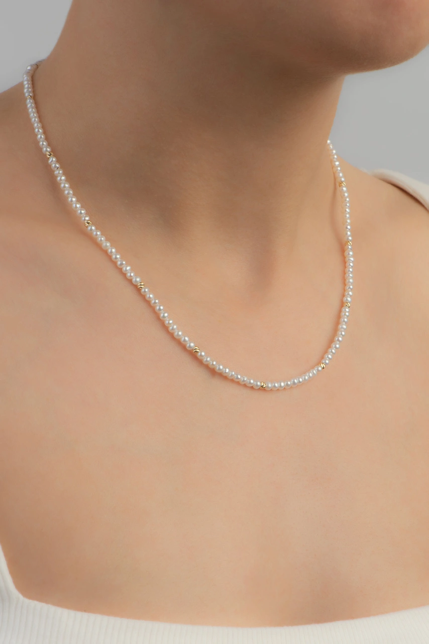 Doğal İnci 14 Ayar Altın Kolye Sarı - Beyaz