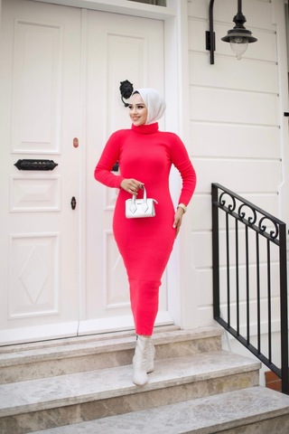 Hira Life Fashion Kadın Elbise Tesettür Giyim Balıkçı Yaka Ve Dar Kesim Triko Kalem Elbise Fuşya Fuşya
