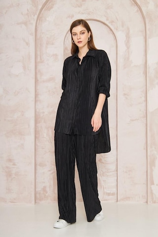 Kadın Pliseli Beli Lastikli Pantolon Tunik Gömlek Ikili Bürümcük Salaş Takım 3573300 Siyah